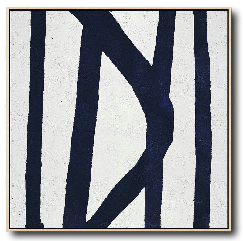 Hand Painted Extra Large Abstract Painting,Minimalist Navy Blue And White Painting,Large Wall Art Canvas #A2B6
